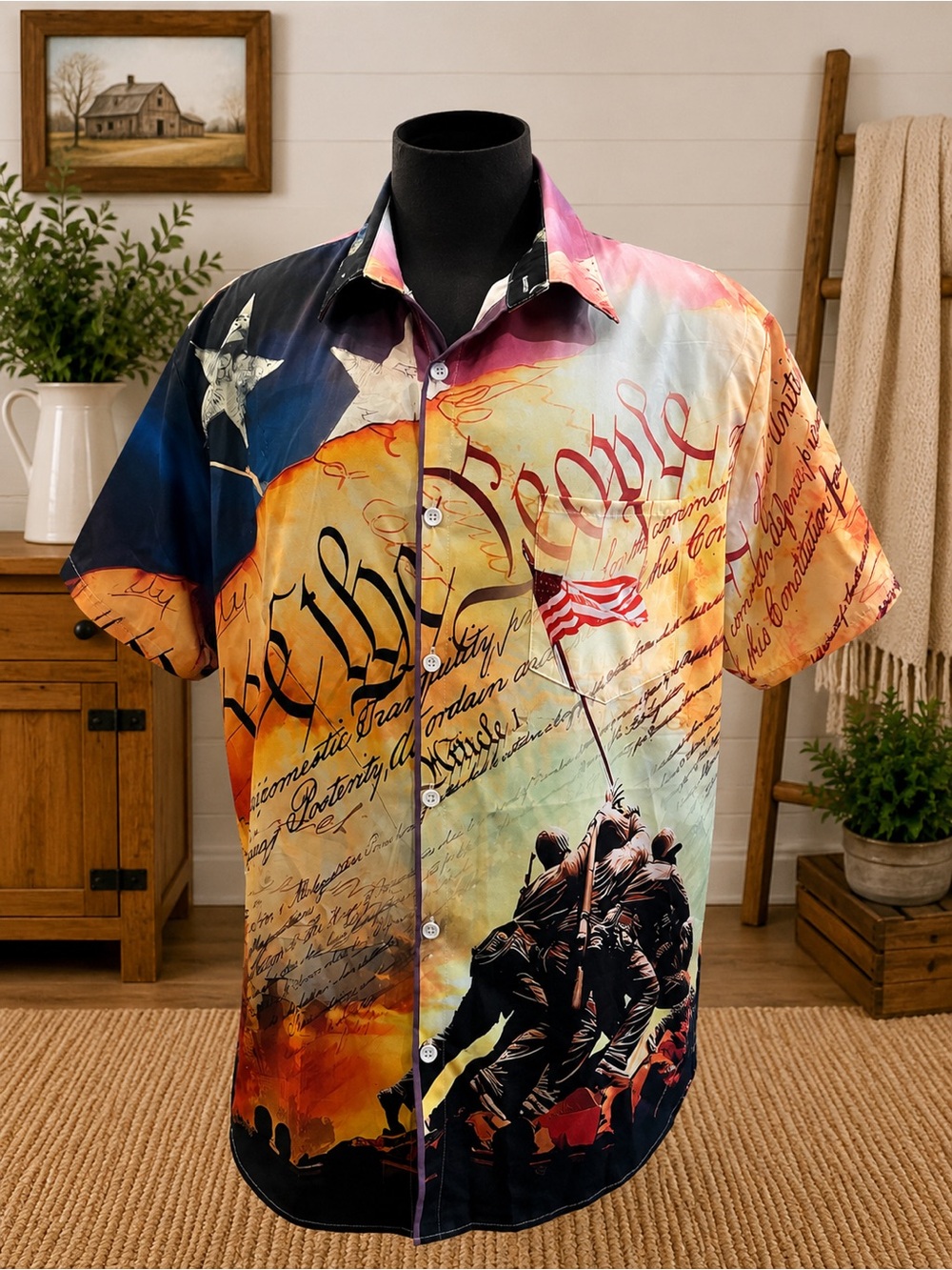 Men’s We The People Patriotic Button-Up Shirt 2XL USA Flag Iwo Jima